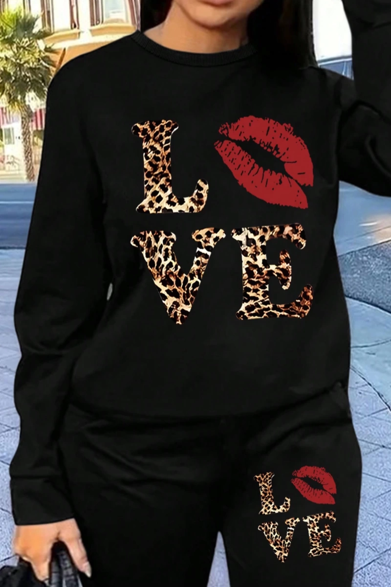 2 Parça Set Büyük Beden Kadın Harf Baskılı Mürettebat Yaka Uzun Kollu Sweatshirt Ve Eş