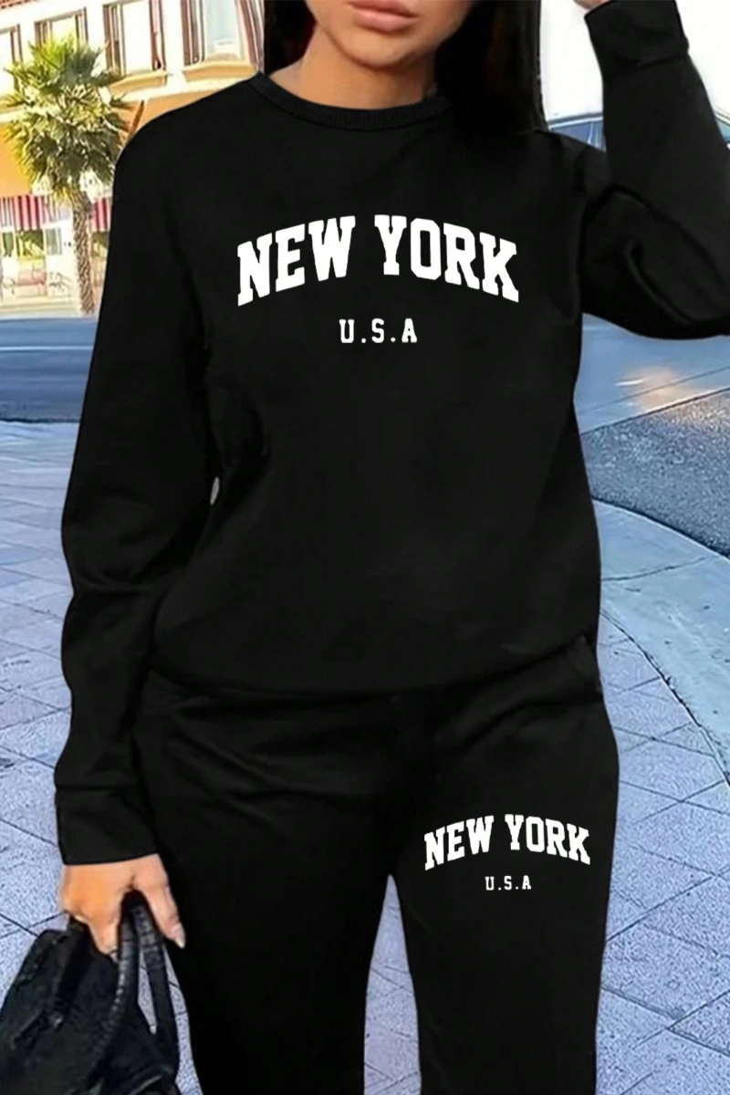 2 Parça Set Büyük Beden Kadın Harf Baskılı Mürettebat Yaka Uzun Kollu Sweatshirt Ve Eş