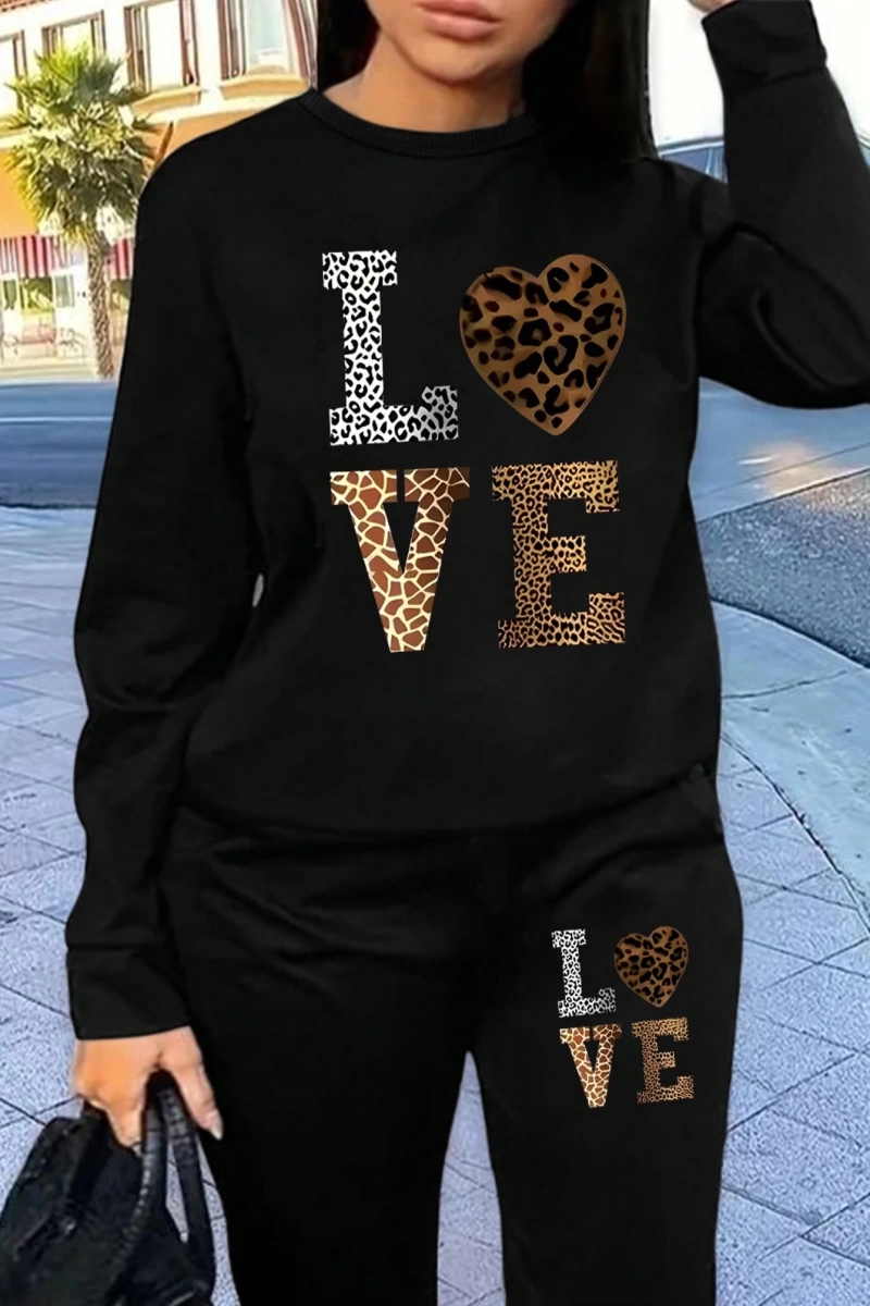 2 Parça Set Büyük Beden Kadın Harf Baskılı Mürettebat Yaka Uzun Kollu Sweatshirt Ve Eş