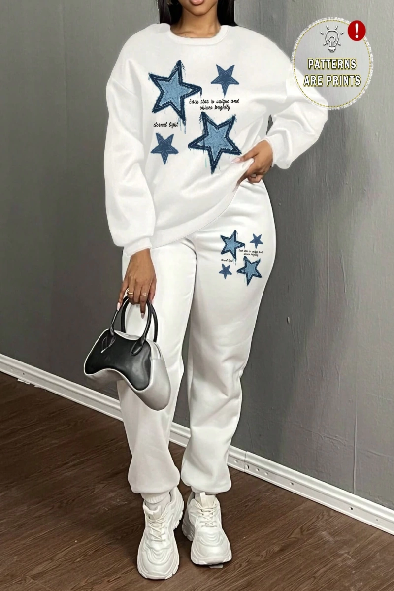 2 Parça/Takım Kadın Büyük Boy Yıldız ve Harf Baskılı Mürettebat Yaka Sweatshirt Ve B