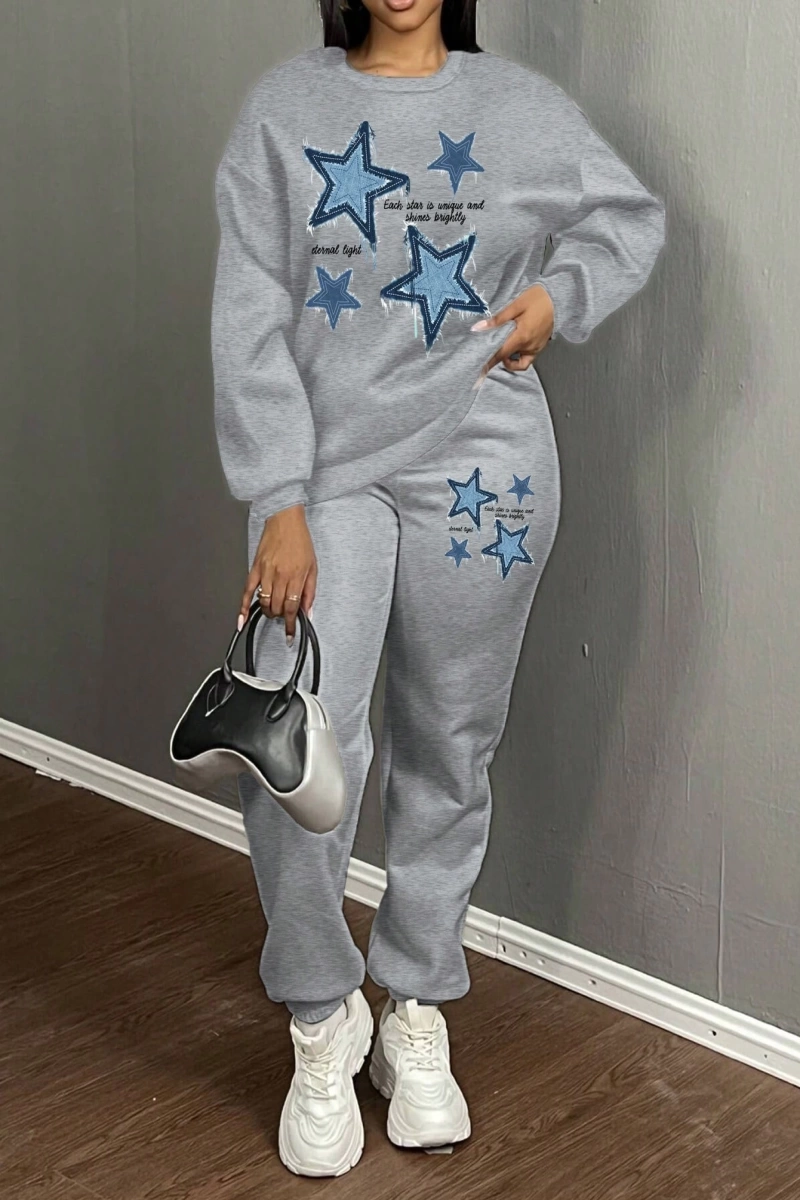 2 Parça/Takım Kadın Büyük Boy Yıldız ve Harf Baskılı Mürettebat Yaka Sweatshirt Ve B