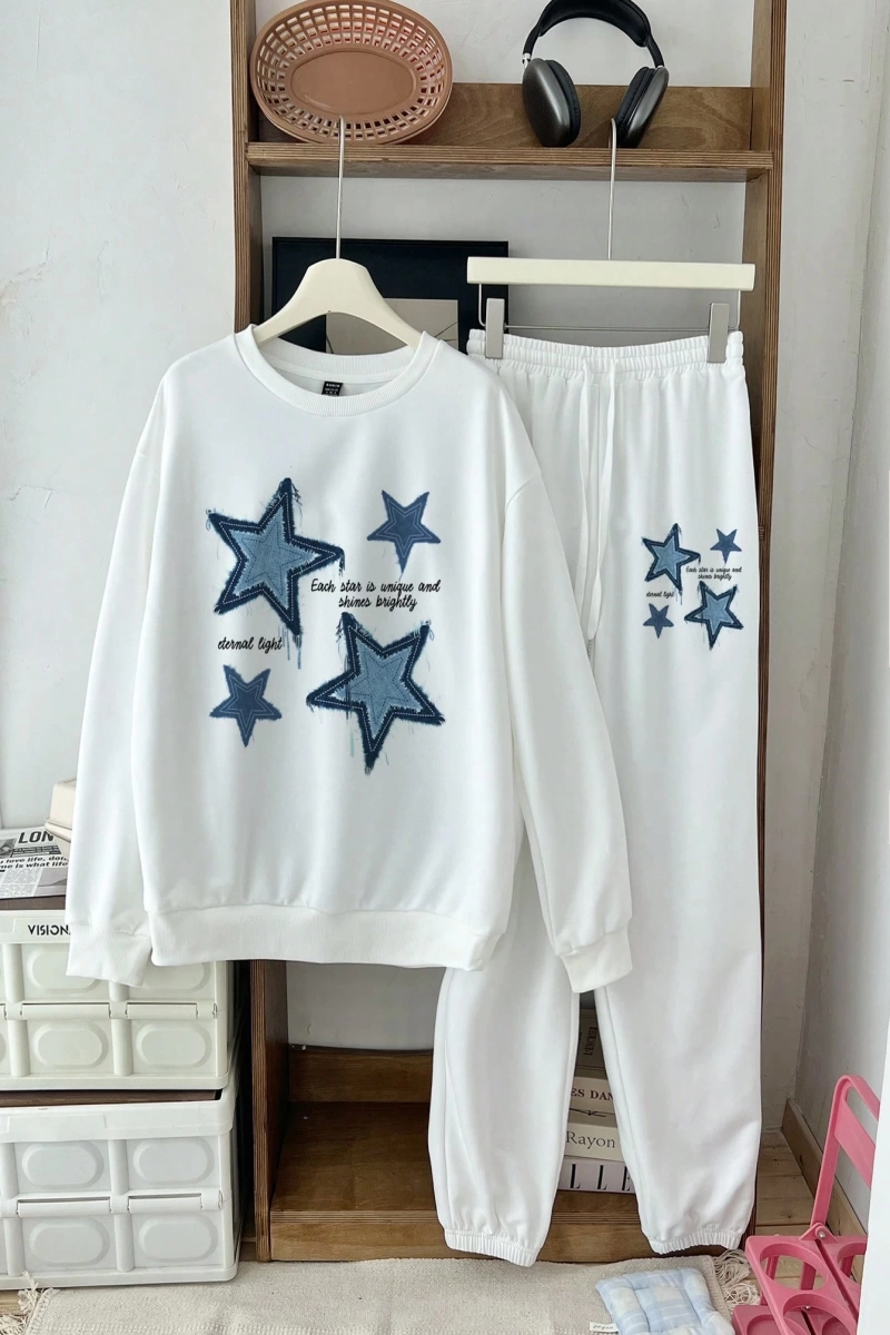 2 Parça/Takım Kadın Büyük Boy Yıldız ve Harf Baskılı Mürettebat Yaka Sweatshirt Ve B