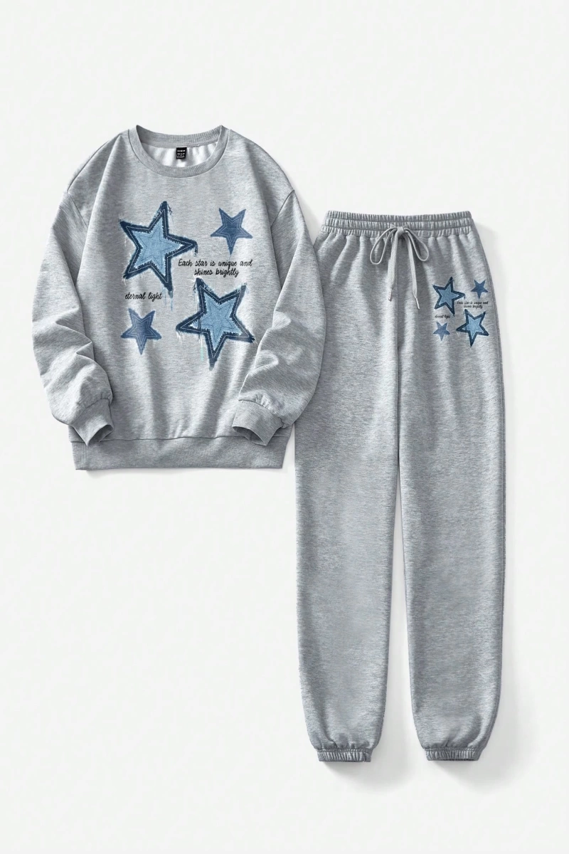 2 Parça/Takım Kadın Büyük Boy Yıldız ve Harf Baskılı Mürettebat Yaka Sweatshirt Ve B