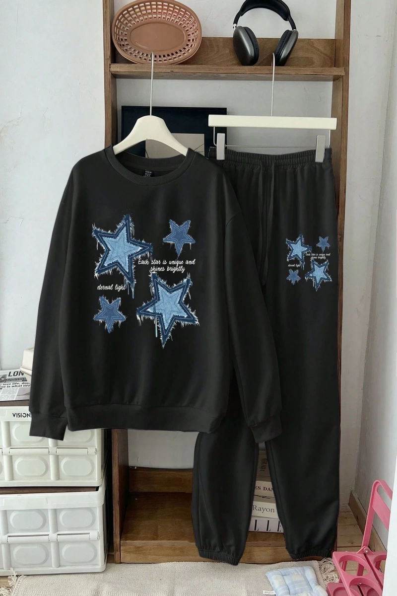 2 Parça/Takım Kadın Büyük Boy Yıldız ve Harf Baskılı Mürettebat Yaka Sweatshirt Ve B