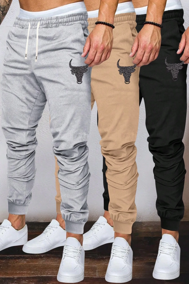 3 Parça Set Cesur ve Baskın Boğa Başı Baskılı Jogger Erkek Sokak Giyimi Antrenman Eşofman Alt