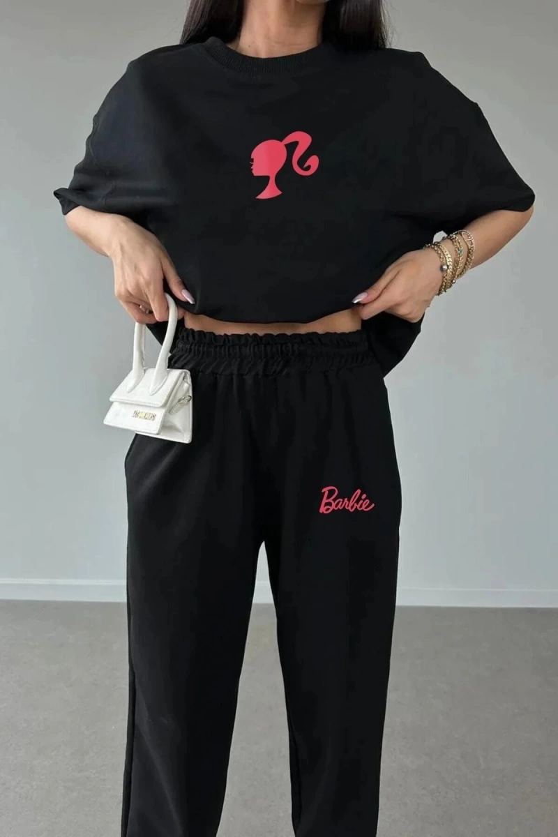 Barbie Baskılı T-shirt Jogger Tişört Bisiklet Yaka Alt Üst Eşofman Takımı 3b-b4a2