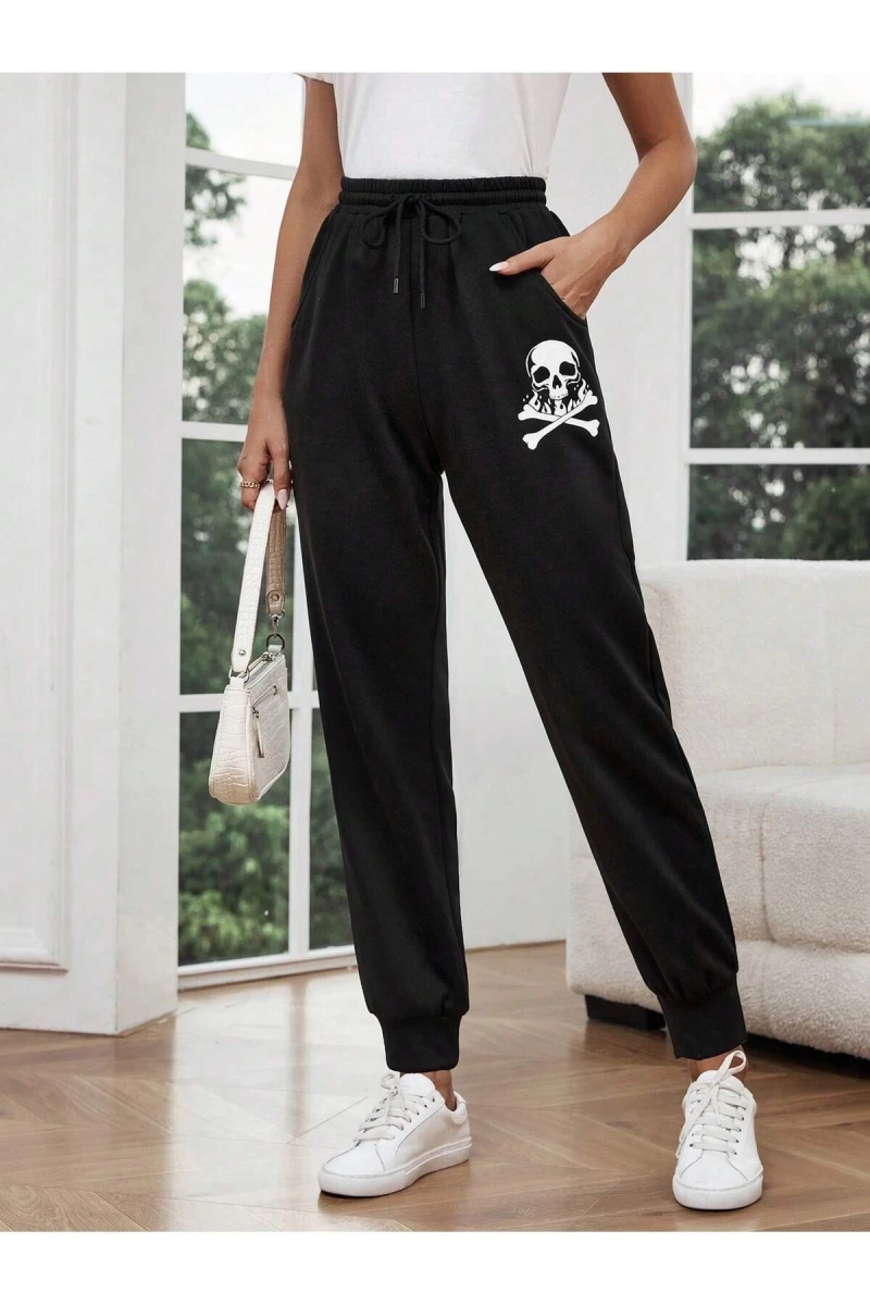 LUNE Halloween Skull Print Drawstring Waist 4 Mevsim Eşofman