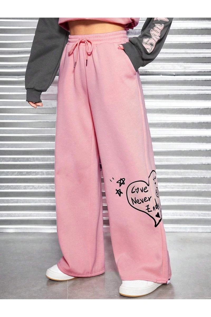 Heart and Graphic Drawstring Waist Wide Leg 4 Mevsim Eşofman
