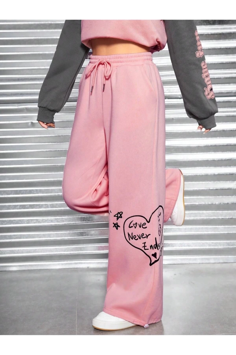 Heart and Graphic Drawstring Waist Wide Leg 4 Mevsim Eşofman