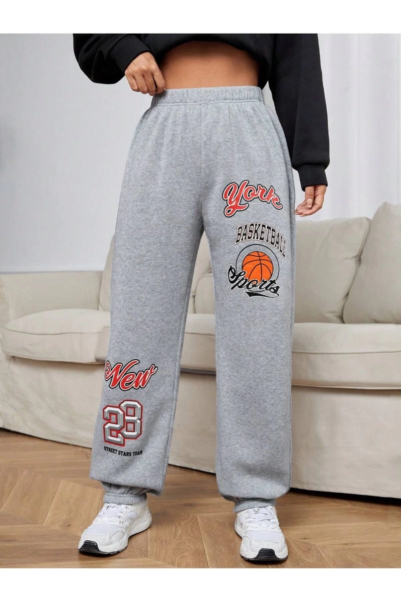Letter Graphic Elastic Waist 4 Mevsim Eşofman