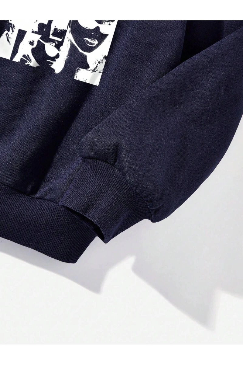 Figür Grafikli Düşük Omuzlu Termal Astarlı Sweatshirt