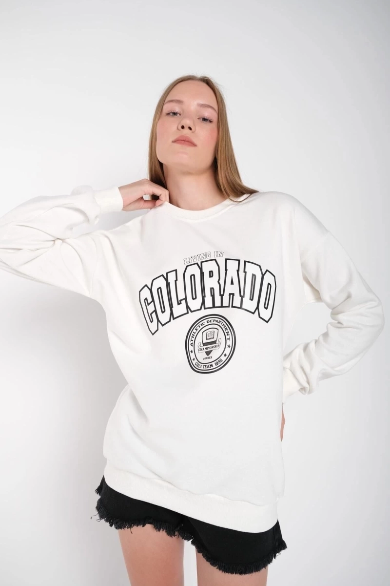 Kadın Beyaz Colorado Baskılı Bisiklet Yaka Oversize Sweatshirt mdgncolorado