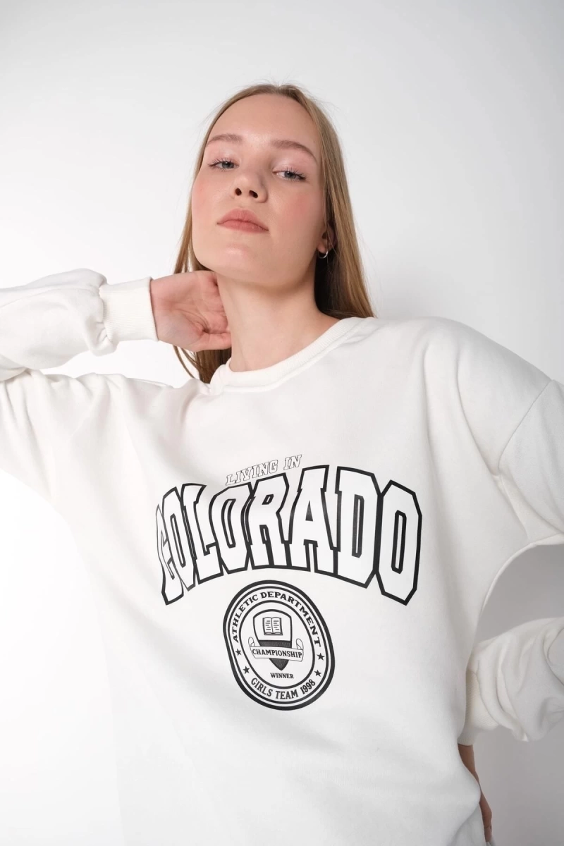 Kadın Beyaz Colorado Baskılı Bisiklet Yaka Oversize Sweatshirt mdgncolorado
