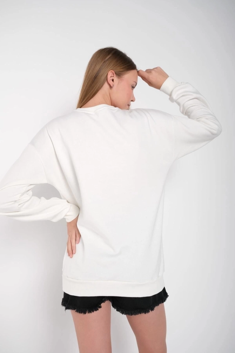 Kadın Beyaz Colorado Baskılı Bisiklet Yaka Oversize Sweatshirt mdgncolorado