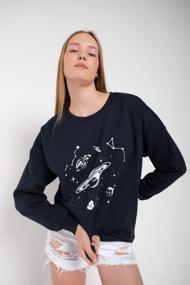 Kadın Lacivert Galaksi Baskılı Bisiklet Yaka Oversize Sweatshirt galaksibaskı