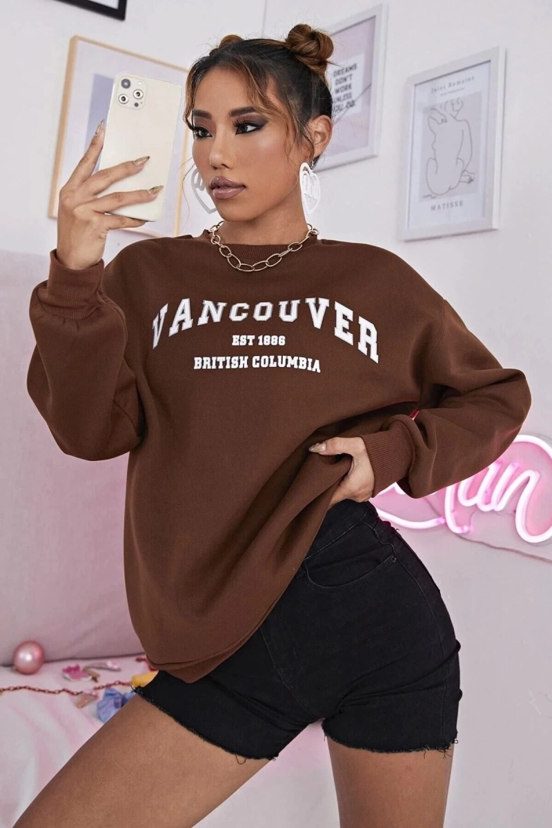 Unısex Kahverengi Vancouver Est 1886 Baskılı Bisiklet Yaka Sweatshirt khvest1886