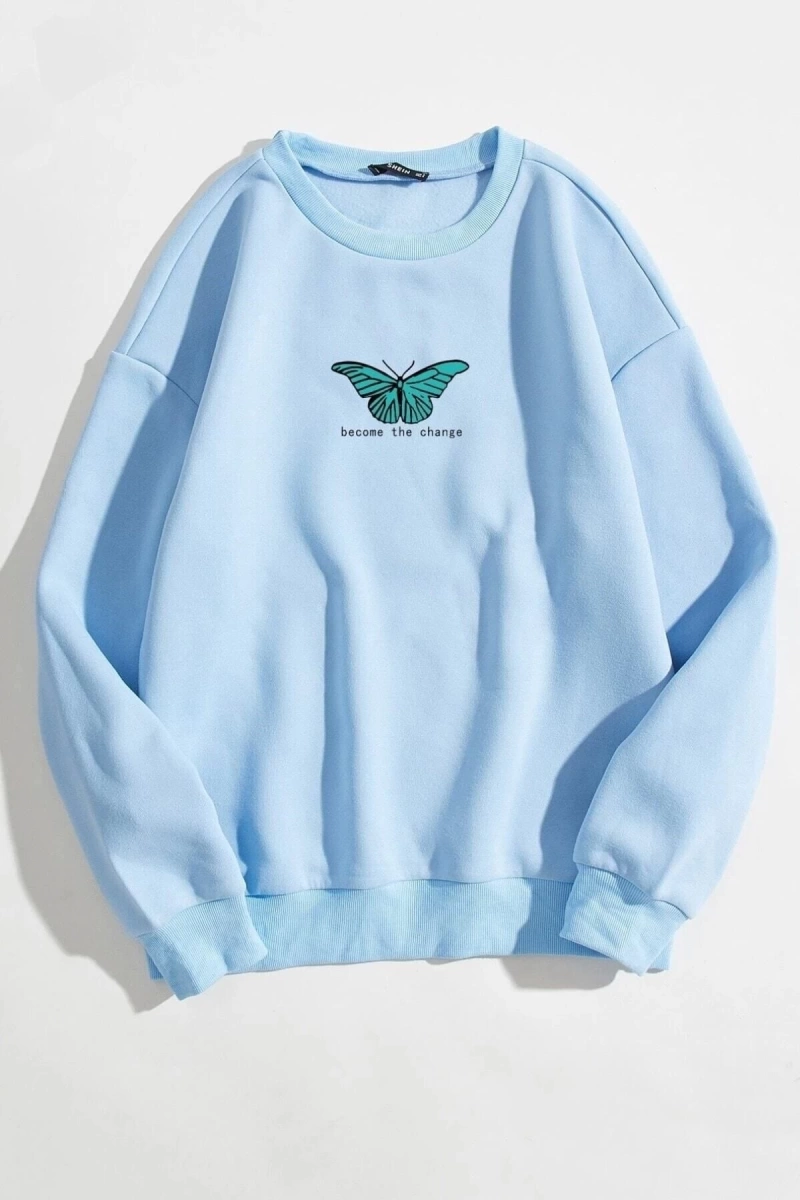 Unisex Kelebek Baskılı Bisiklet Yaka Oversize Bebe Mavisi Sweatshirt bebemavisikebele