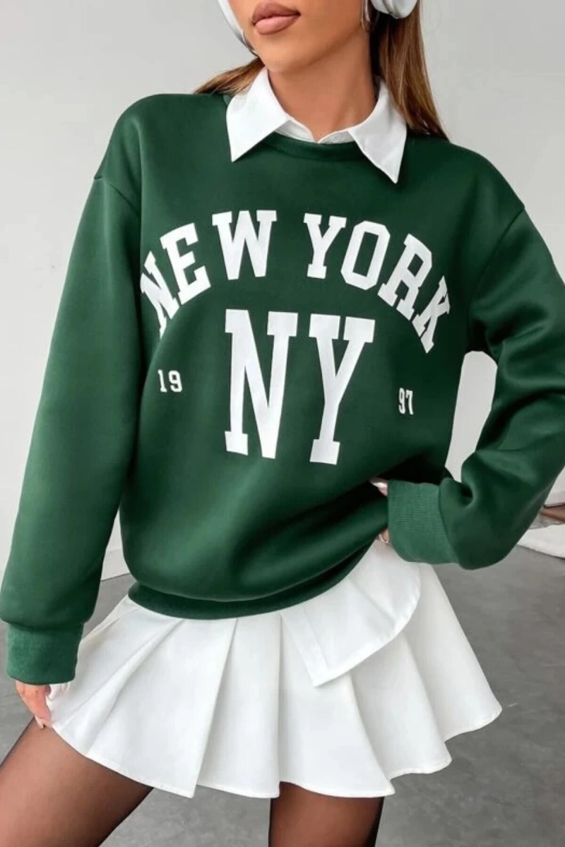 Unisex Yeşil New York Baskılı Bisiklet Yaka Oversize Sweatshirt newyorkksweat