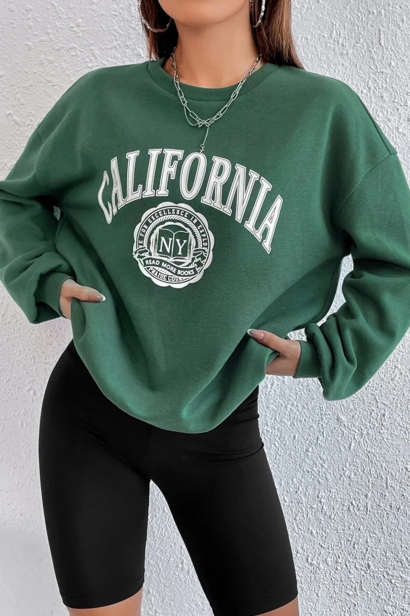 Unisex Yeşil California Baskılı Bisiklet Yaka Oversize Sweatshirt Californiasweat