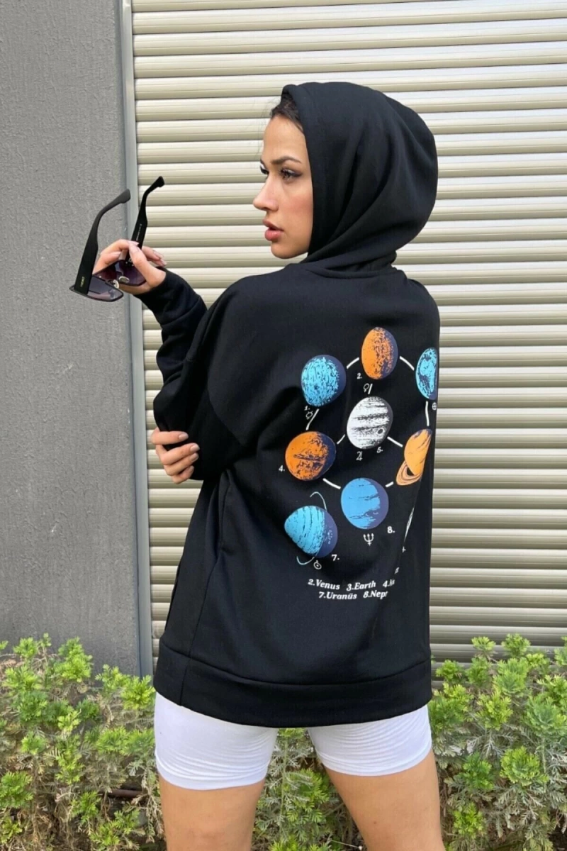 Kadın Oversize Siyah Sweatshirt Galaksi Baskılı GALAKSİSWEAT