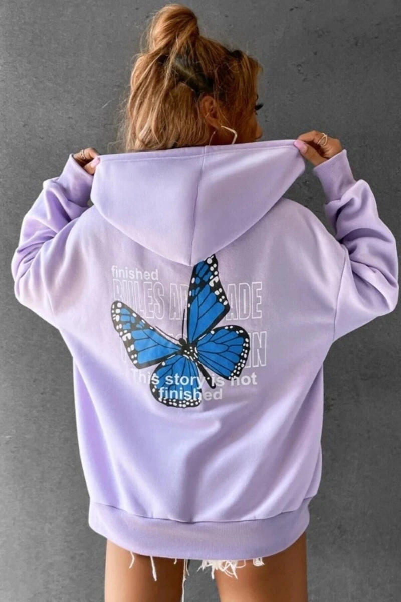 Kadın Lila Finished Kelebek Baskılı Kapüşonlu Oversize Sweatshirt kelebek mavilila