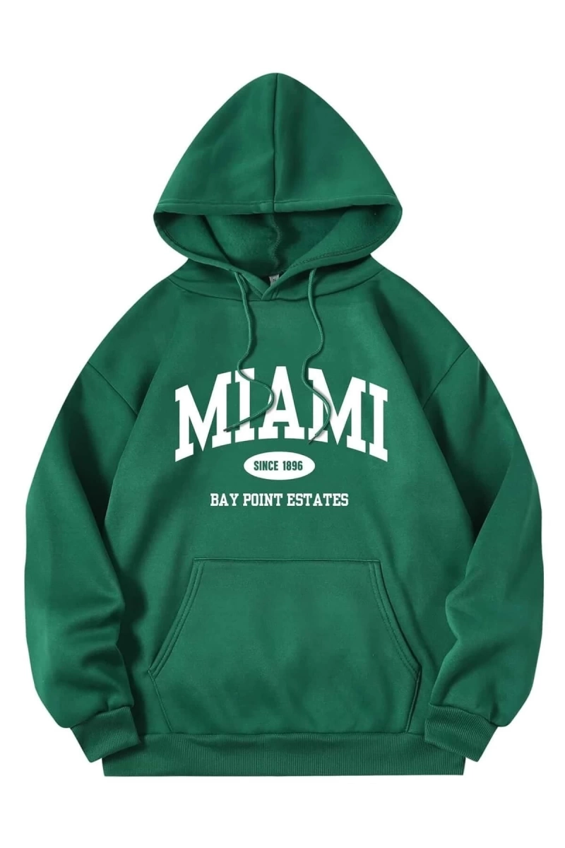 Unisex Nefti Yeşil Pamuk Miami Baskılı Oversize Kapüşonlu Sweatshirt NeftiMiami