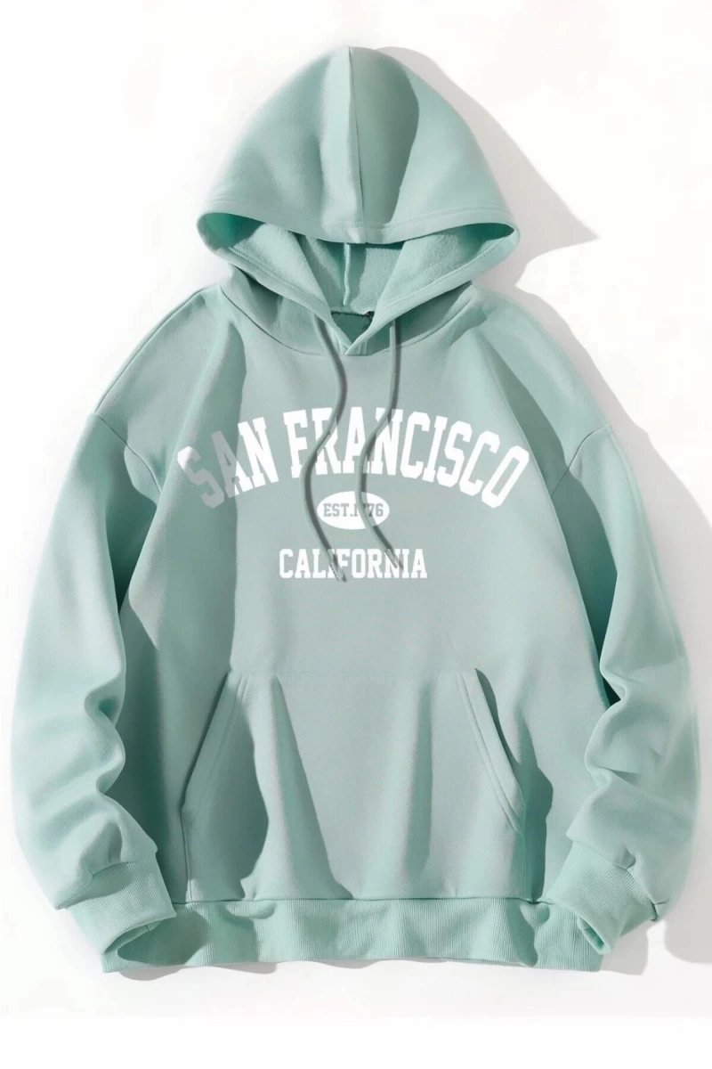 Unisex Mint Yeşili San Francisco Baskılı Kapüşonlu Sweatshirt mintyesili