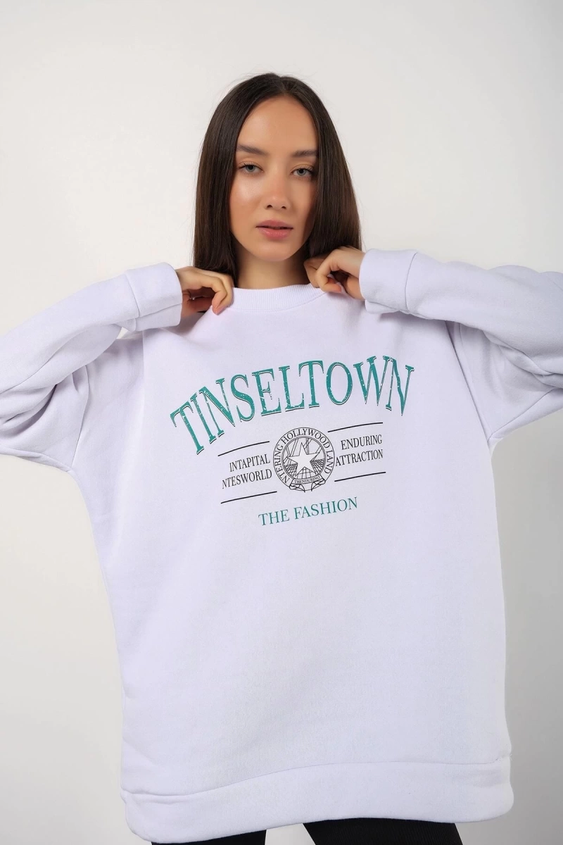 Kadın Beyaz Tinseltown Baskılı Bisiklet Yaka Oversize Sweatshirt tinseltown