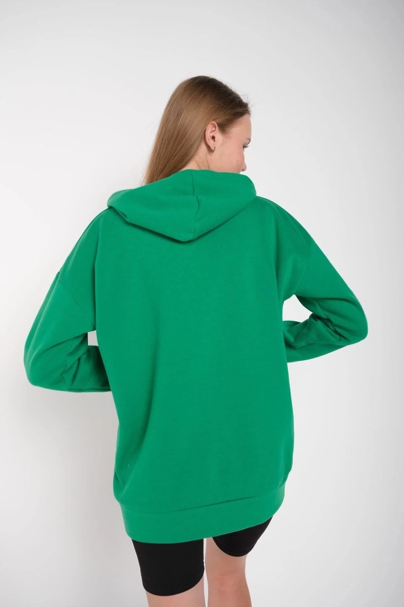 Kadın Yeşil Düz Renk Kapüşonlu Oversize Sweatshirt düzrenk1