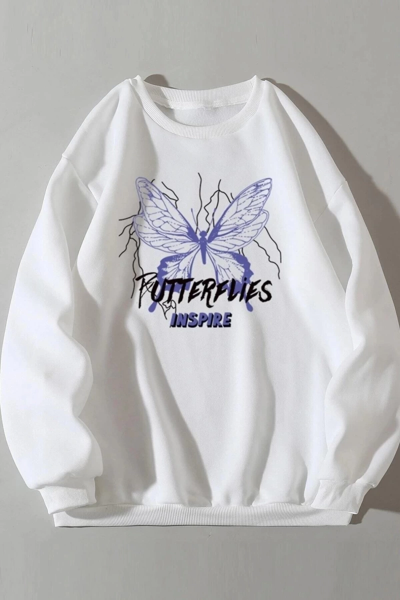 Kadın Bisiklet Yaka Butterflies Baskılı Beyaz Oversize Sweatshirt mdgnbutterfly