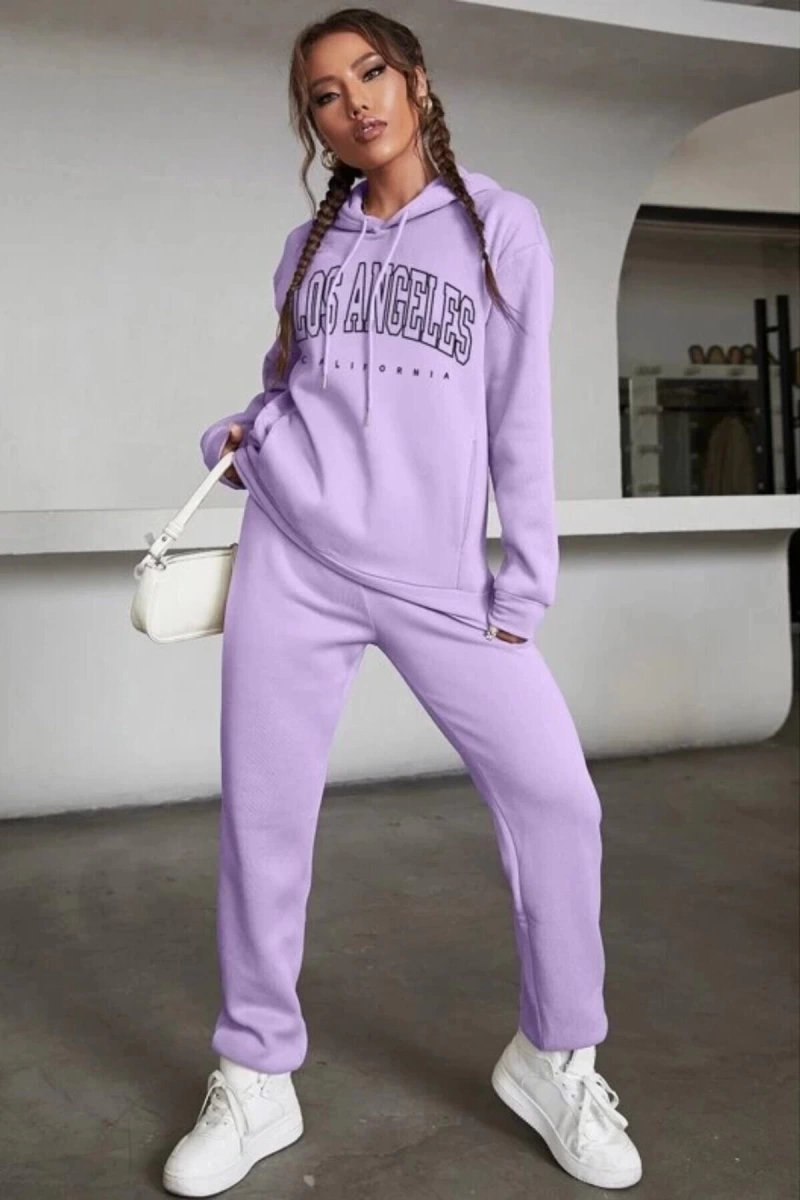 Kadın Lila Los Angeles Baskılı Kapüşonlu Oversize Sweatshirt losangeleslila
