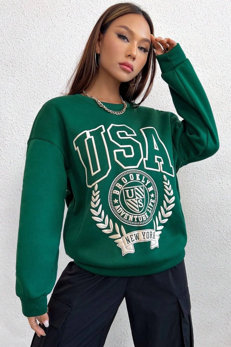 Usa Baskılı Nefti Oversize Bisiklet Yaka Sweatshirt usanefti