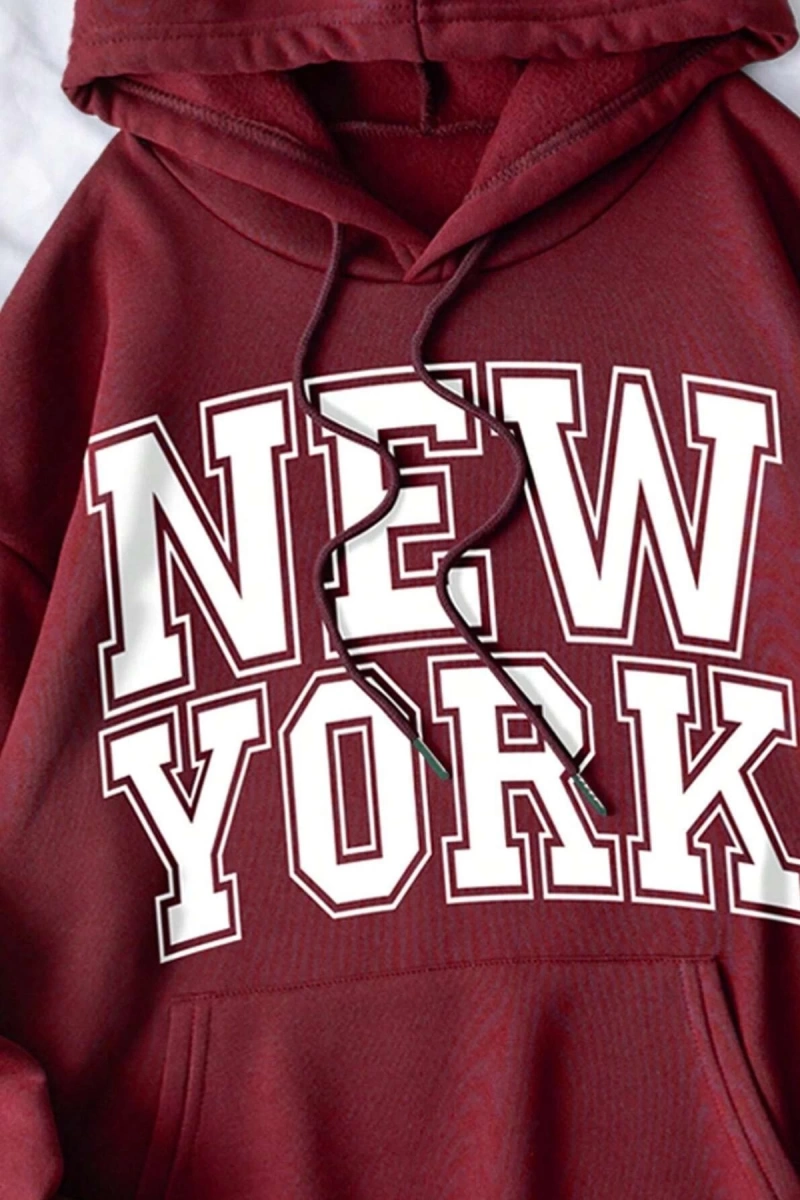 Unisex Bordo New York Baskılı 3 İplik Kapüşonlu Sweatshirt TYCE83LD8N169391959744630