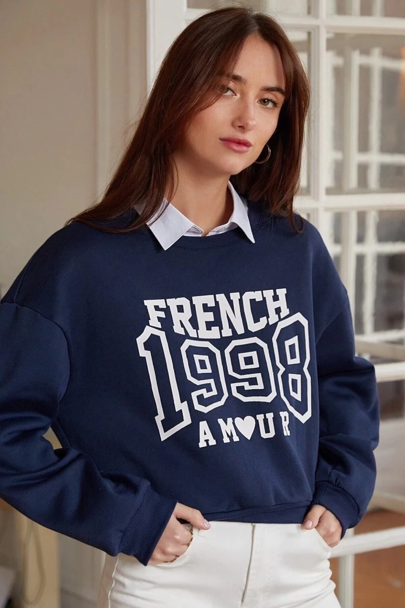Unisex Lacivert French 1998 Baskılı Bisiklet Yaka Oversize Sweatshirt lacvrtfrenchbsk