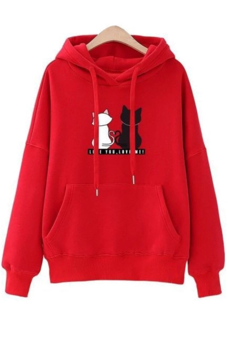 Unisex Kedi Baskılı Kapüşonlu Oversize Kırmızı Sweatshirt kedilisweatshirt