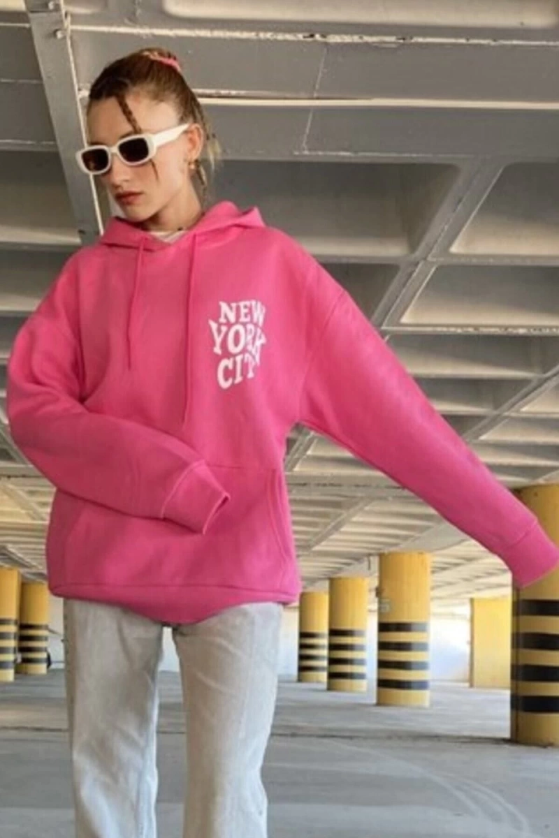 Kadın Pembe New York City Baskılı Kapüşonlu Oversize Sweatshirt