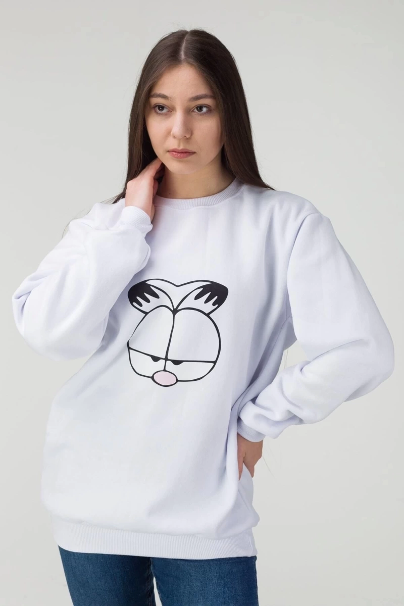 Unisex Beyaz Garfield Baskılı Bisiklet Yaka Sweatshirt garfldtrn