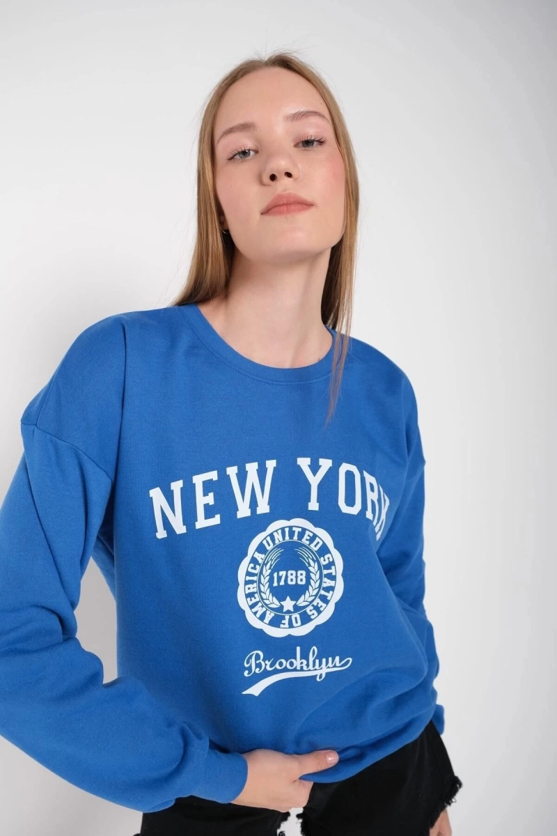 Kadın Sax Mavi New York Baskılı Bisiklet Yaka Oversize Sweatshirt TYC00582461822