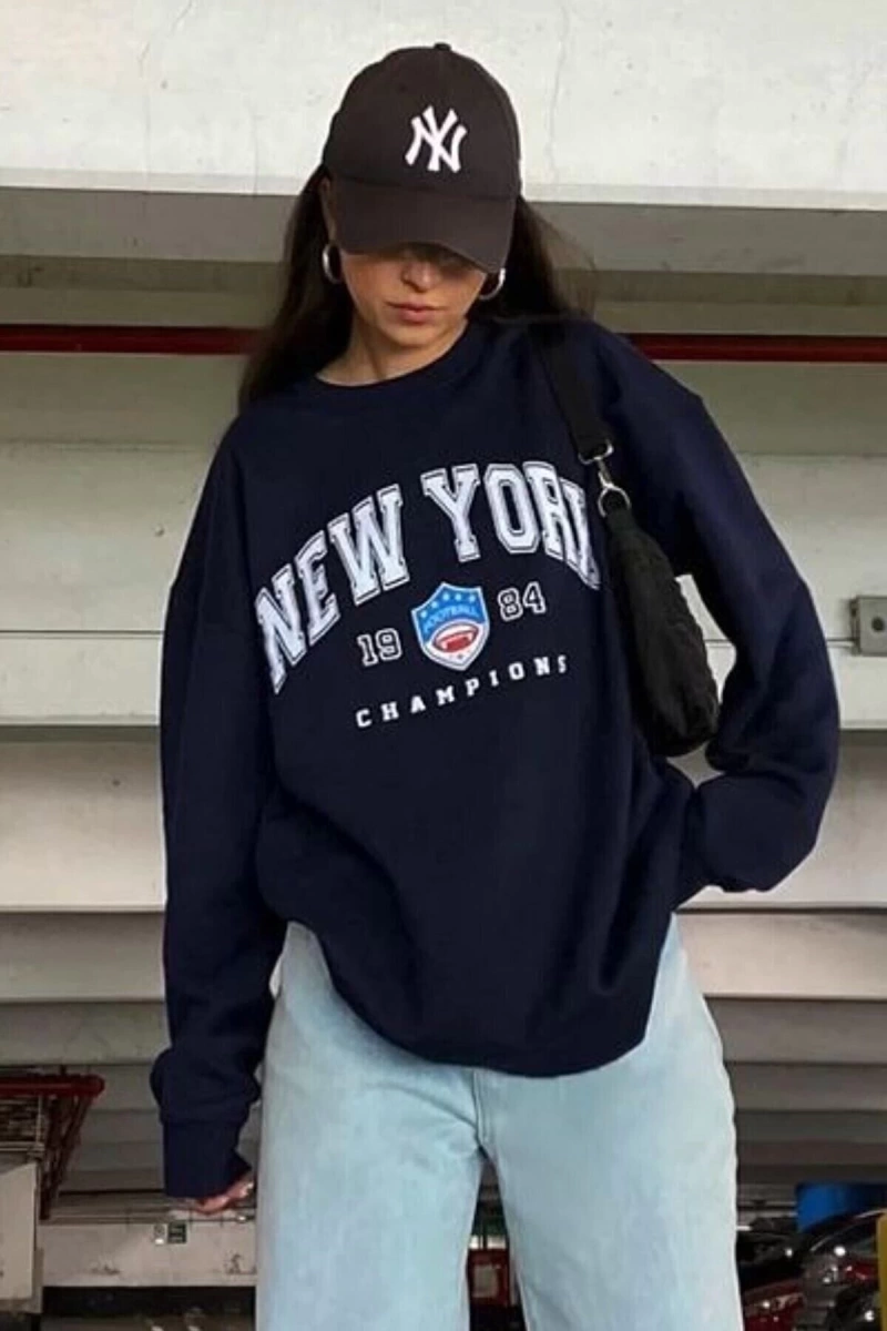 Lacivert New York Baskılı Bisiklet Yaka Oversize Sweatshirt lnewyork