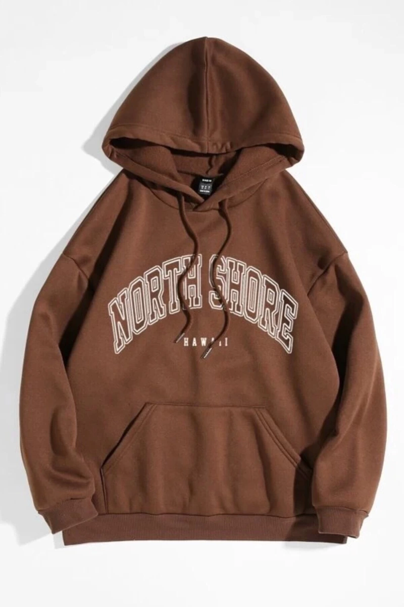 Unisex Kahverengi North Shore Baskılı Kapüşonlu Oversize Sweatshirt Nortshorekahve