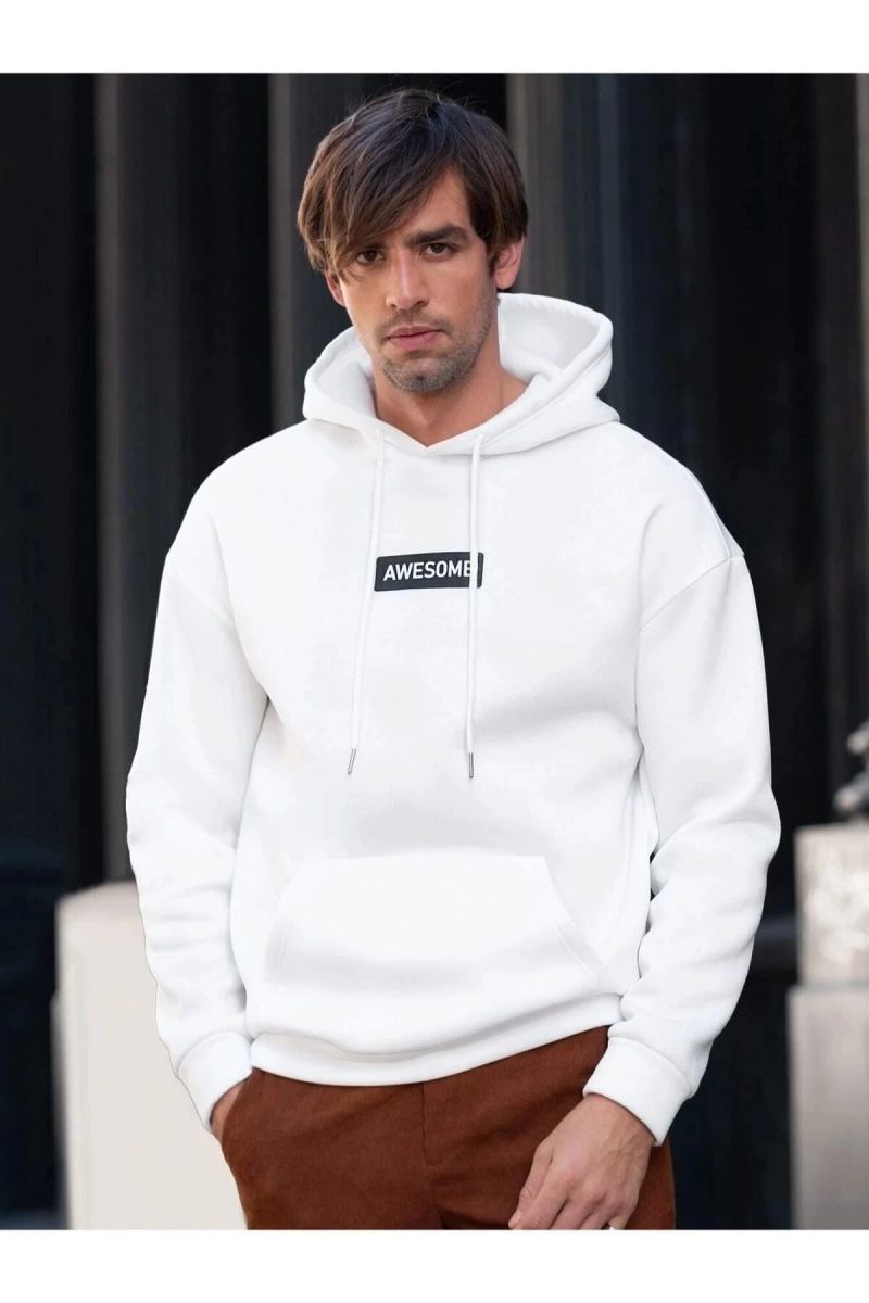 Erkek Beyaz Awesome Baskılı Oversize Kapşonlu Sweatshirt AWESOMESWEATSHİRT