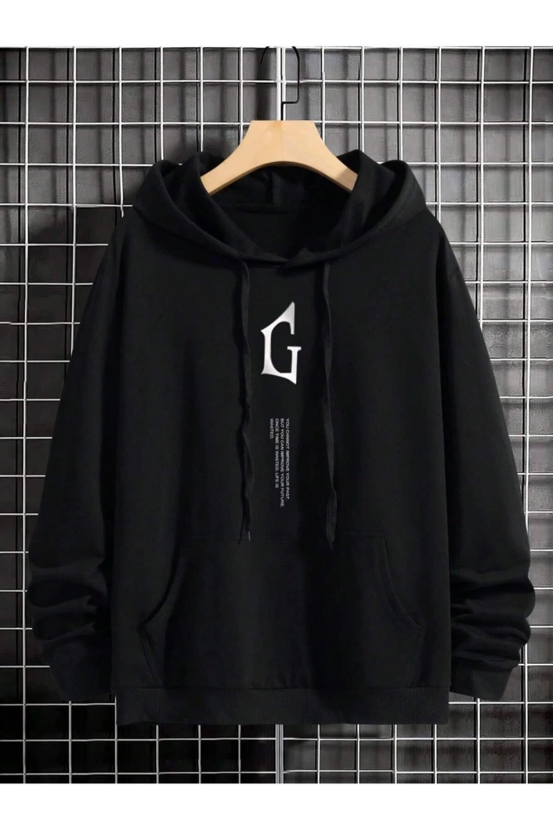 Erkek Siyah G Dikey Baskılı Kapüşonlu Sweatshirt gdikeysweatshirt
