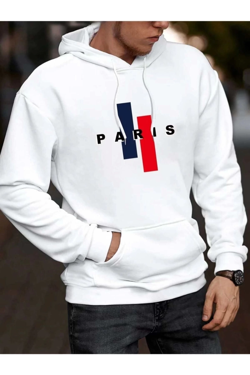 Erkek Beyaz Dik Paris Baskılı Kapüşonlu Sweatshirt dikparissweatshirt