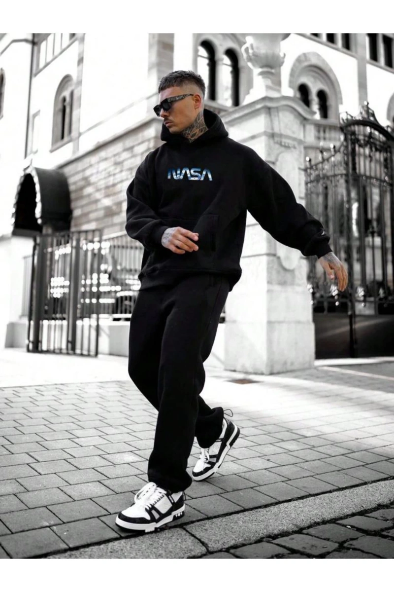 Erkek Siyah Nasa Baskılı Kapüşonlu Sweatshirt nasayazısweatshirt