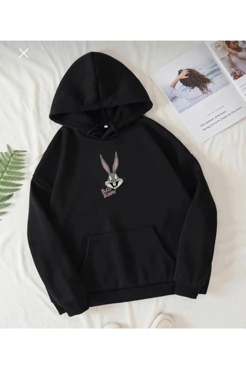Unisex Siyah Buggs Bunny Baskılı Oversize Kapüşonlu Sweatshirt BUGSBUNNYKPSN