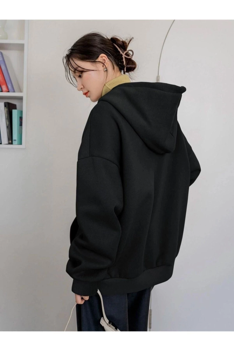 Siyah Cheerful Baskılı Oversize Kapüşonlu Sweatshirt CHEERFULKPSNLU