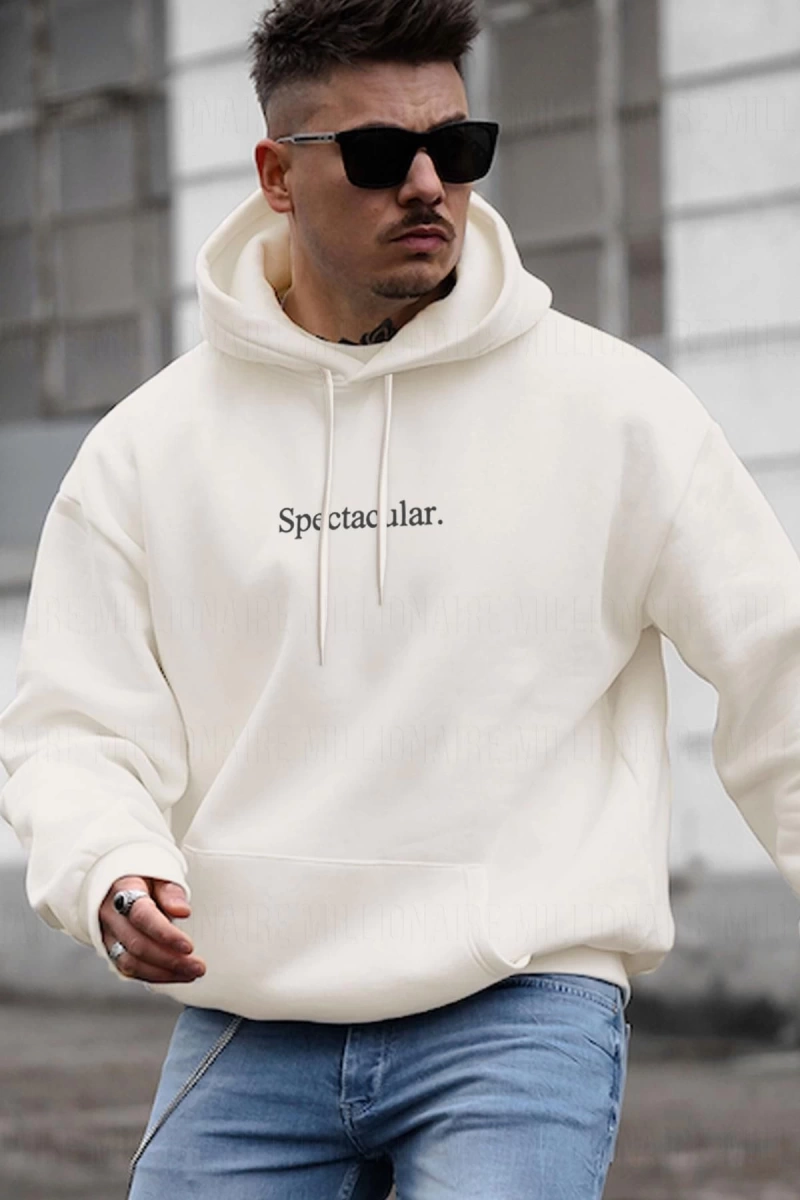 Erkek Kırık Beyaz Krem Ekru Spectacular Baskılı 3 iplik Şardonlu Kapüşonlu Kangur