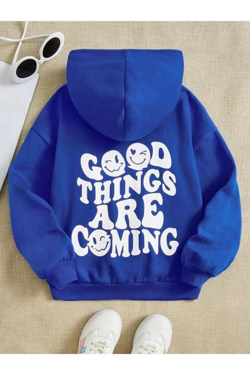 Kadın Mavi Good Thıngs Are Comıng Baskılı Oversize Kapüşonlu Sweatshirt