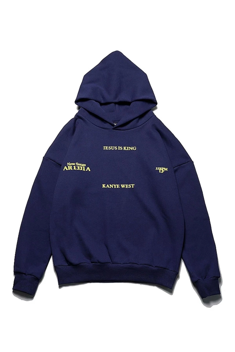 Erkek Lacivert Jesus Kıng Baskılı Oversize Kapüşonlu Sweatshirt TYC00738227020