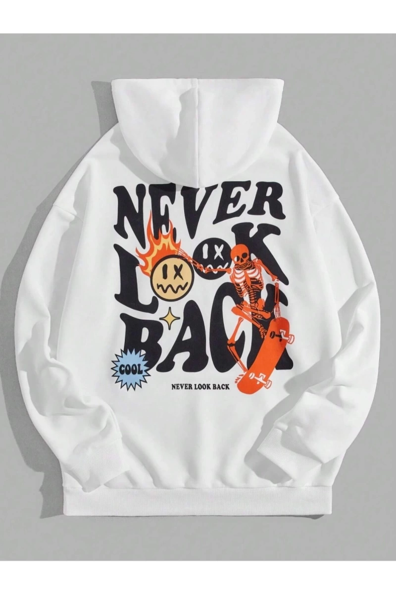 Beyaz Never Look Baskılı Oversize Kapuşonlu Kadın Sweatshirt bsgneverlooksweat